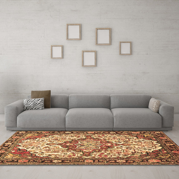 Machine Washable Medallion Brown Traditional Rug in a Living Room,, wshtr4722brn