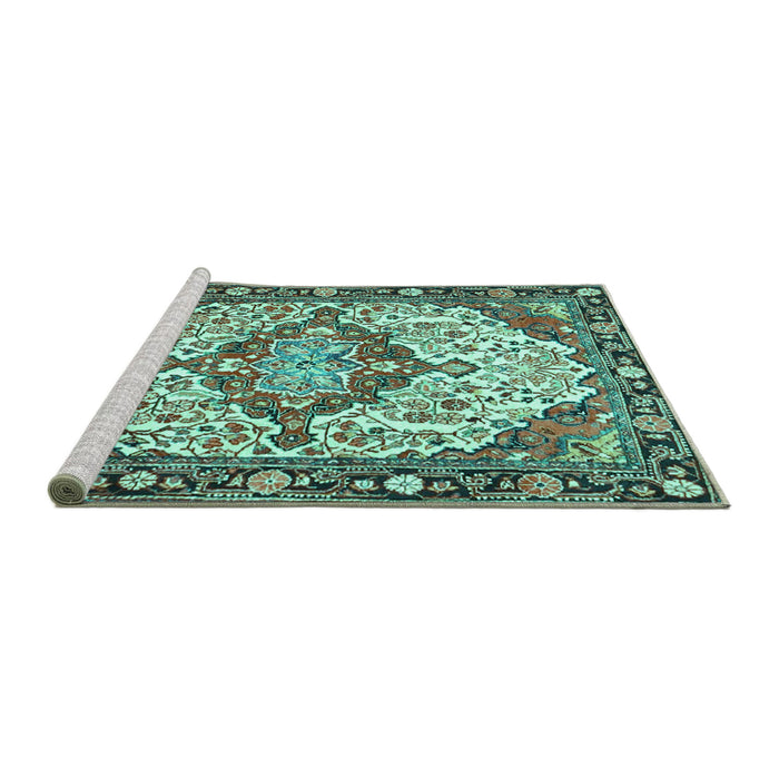 Sideview of Machine Washable Medallion Turquoise Traditional Area Rugs, wshtr4722turq