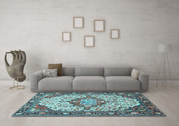 Machine Washable Medallion Light Blue Traditional Rug in a Living Room, wshtr4722lblu