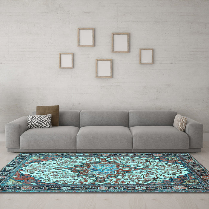 Machine Washable Medallion Light Blue Traditional Rug in a Living Room, wshtr4722lblu