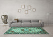 Machine Washable Medallion Turquoise Traditional Area Rugs in a Living Room,, wshtr4722turq