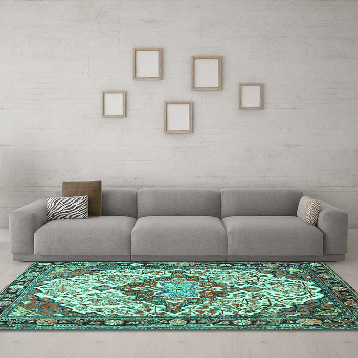 Machine Washable Medallion Turquoise Traditional Area Rugs in a Living Room,, wshtr4722turq