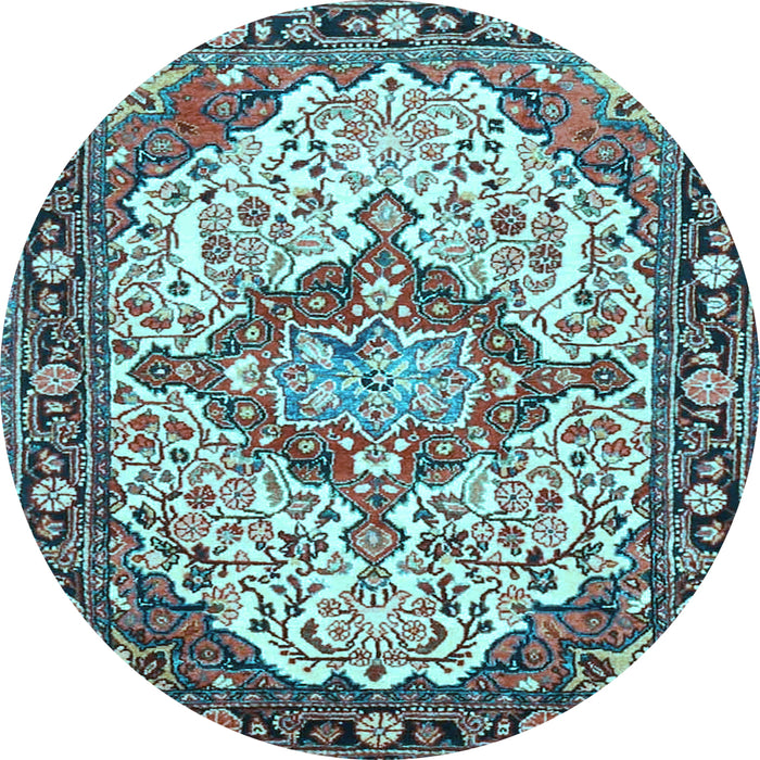Round Machine Washable Medallion Light Blue Traditional Rug, wshtr4722lblu