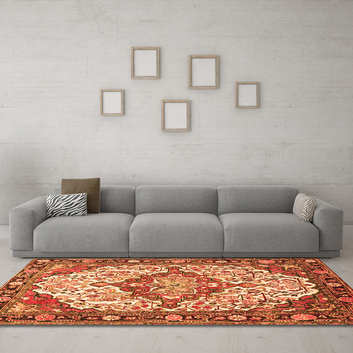 Machine Washable Medallion Orange Traditional Area Rugs in a Living Room, wshtr4722org