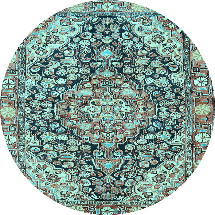 Round Machine Washable Medallion Light Blue Traditional Rug, wshtr4723lblu