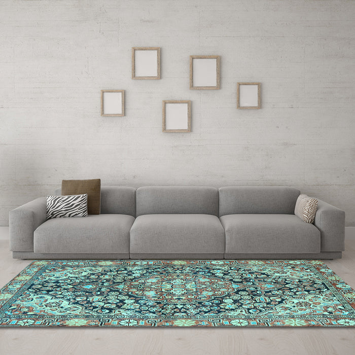 Machine Washable Medallion Light Blue Traditional Rug in a Living Room, wshtr4723lblu