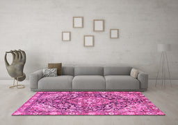Machine Washable Medallion Pink Traditional Rug in a Living Room, wshtr4723pnk