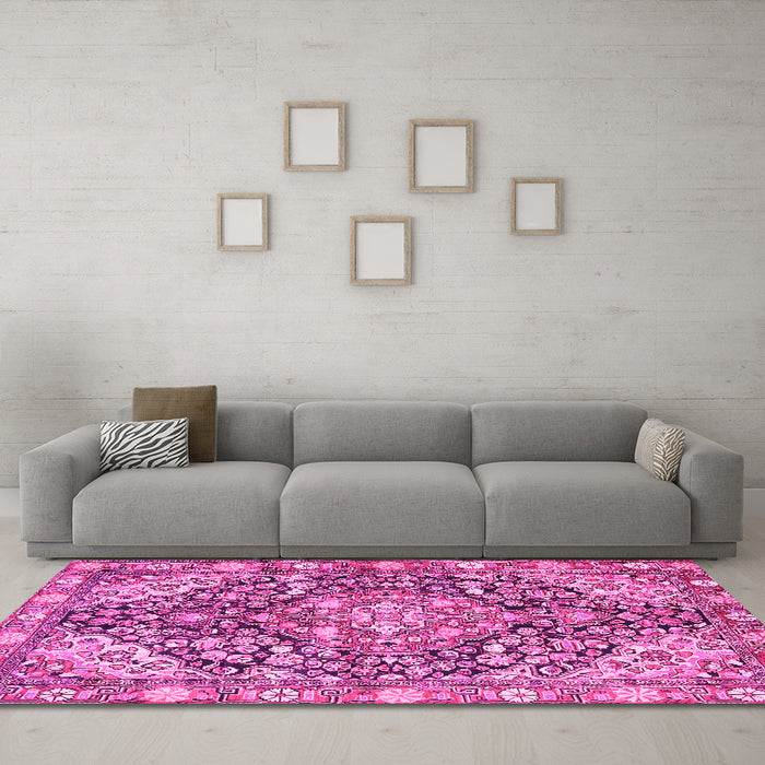 Machine Washable Medallion Pink Traditional Rug in a Living Room, wshtr4723pnk