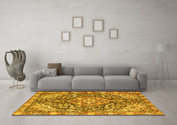 Machine Washable Medallion Yellow Traditional Rug in a Living Room, wshtr4723yw