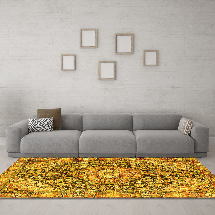 Machine Washable Medallion Yellow Traditional Rug in a Living Room, wshtr4723yw