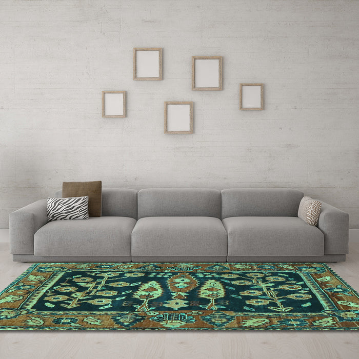 Machine Washable Animal Turquoise Traditional Area Rugs in a Living Room,, wshtr4724turq
