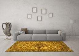 Machine Washable Medallion Yellow Traditional Rug in a Living Room, wshtr4725yw