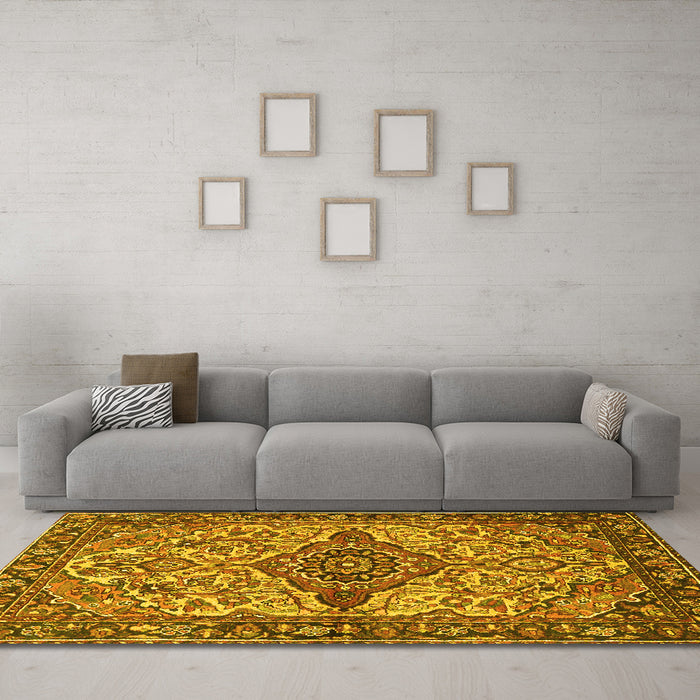 Machine Washable Medallion Yellow Traditional Rug in a Living Room, wshtr4725yw