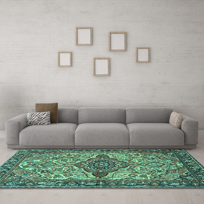 Machine Washable Medallion Turquoise Traditional Area Rugs in a Living Room,, wshtr4725turq