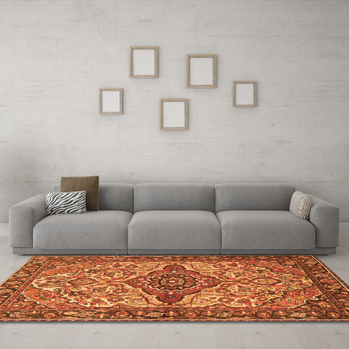 Machine Washable Medallion Orange Traditional Area Rugs in a Living Room, wshtr4725org