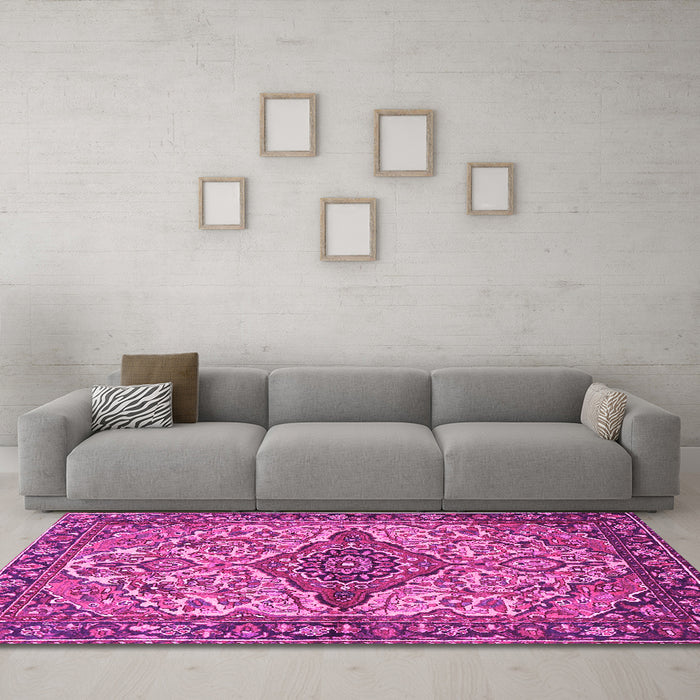 Machine Washable Medallion Pink Traditional Rug in a Living Room, wshtr4725pnk