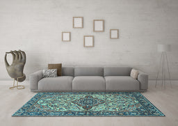 Machine Washable Medallion Light Blue Traditional Rug in a Living Room, wshtr4725lblu