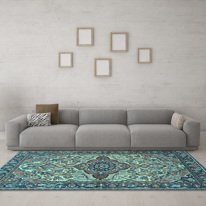 Machine Washable Medallion Light Blue Traditional Rug in a Living Room, wshtr4725lblu