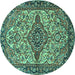 Round Machine Washable Medallion Turquoise Traditional Area Rugs, wshtr4725turq