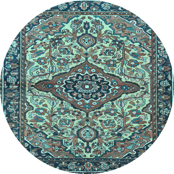 Round Machine Washable Medallion Light Blue Traditional Rug, wshtr4725lblu