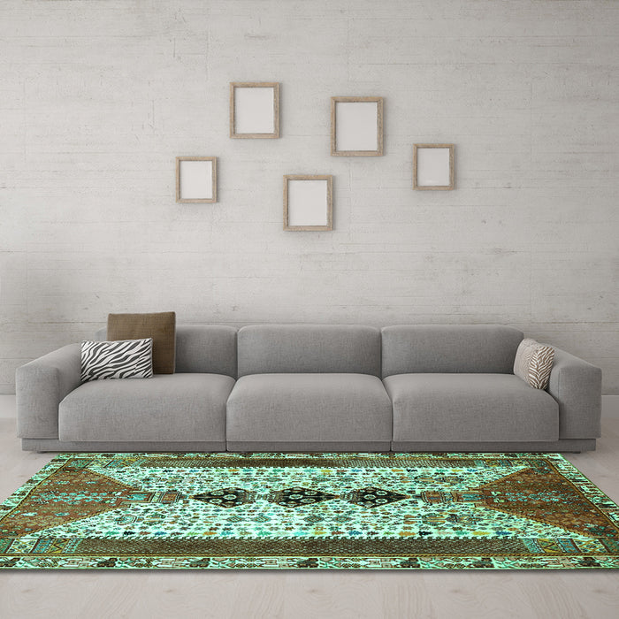Machine Washable Persian Turquoise Traditional Area Rugs in a Living Room,, wshtr4726turq