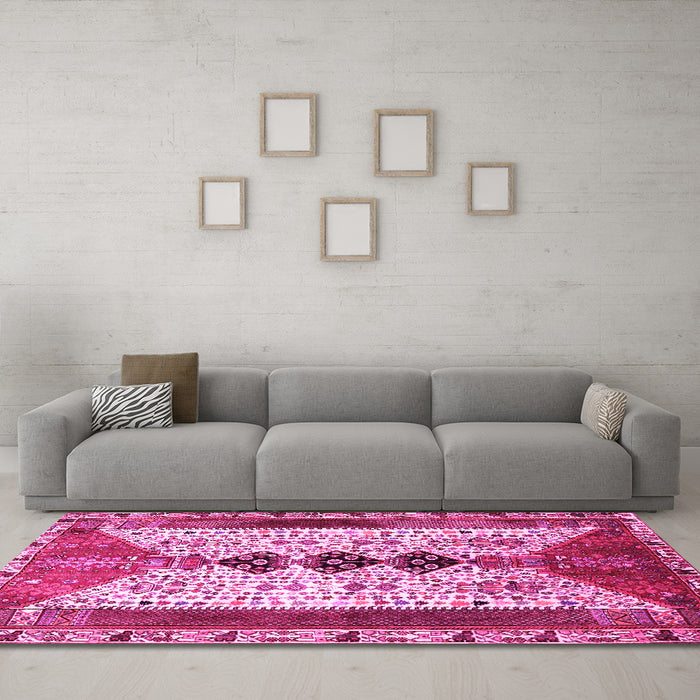 Machine Washable Persian Pink Traditional Rug in a Living Room, wshtr4726pnk