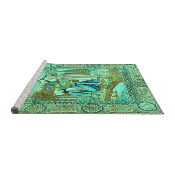 Sideview of Machine Washable Persian Turquoise Traditional Area Rugs, wshtr4729turq