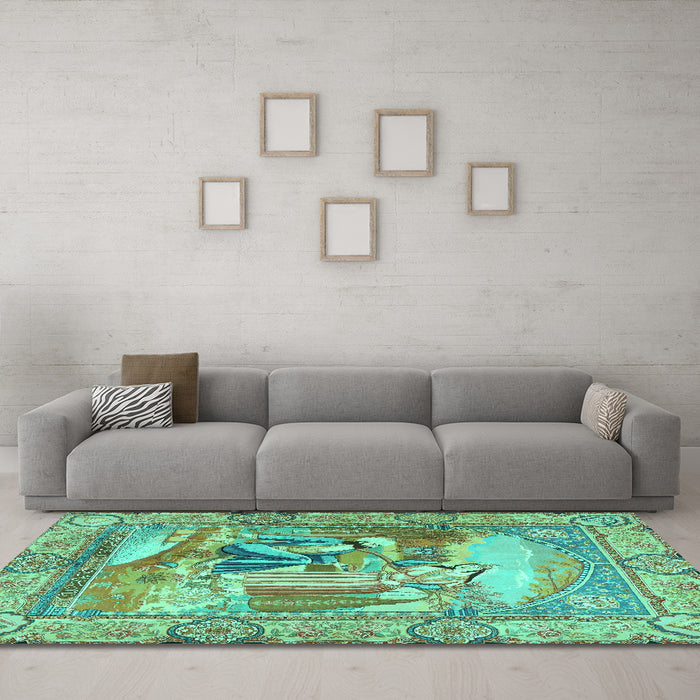 Machine Washable Persian Turquoise Traditional Area Rugs in a Living Room,, wshtr4729turq