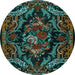 Round Machine Washable Medallion Light Blue French Rug, wshtr472lblu