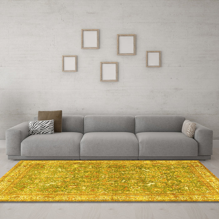 Machine Washable Persian Yellow Traditional Rug in a Living Room, wshtr4730yw
