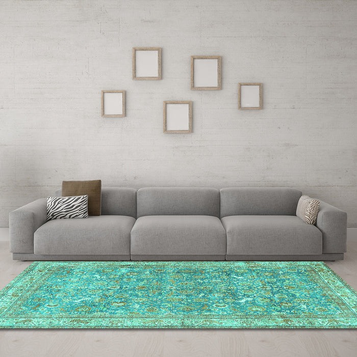 Machine Washable Persian Turquoise Traditional Area Rugs in a Living Room,, wshtr4730turq