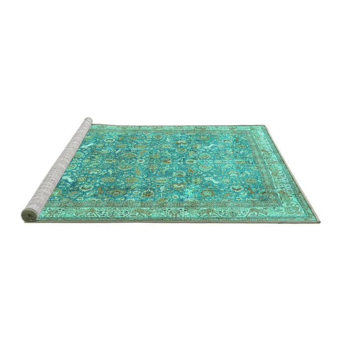 Sideview of Machine Washable Persian Turquoise Traditional Area Rugs, wshtr4730turq