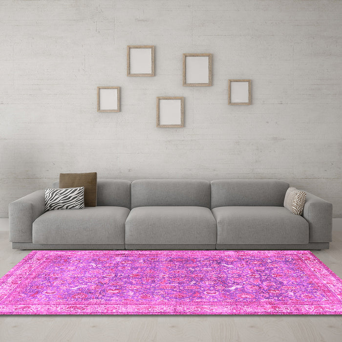 Machine Washable Persian Pink Traditional Rug in a Living Room, wshtr4730pnk