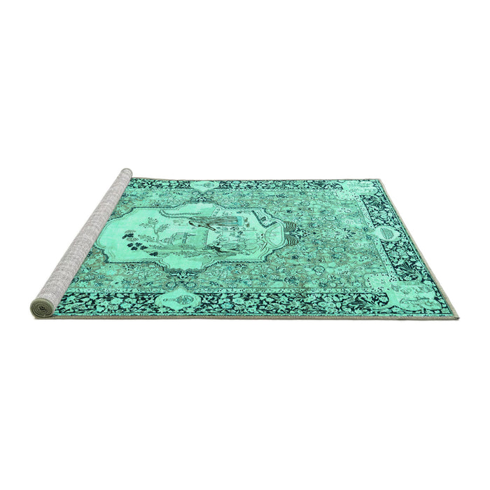 Sideview of Machine Washable Persian Turquoise Traditional Area Rugs, wshtr4731turq