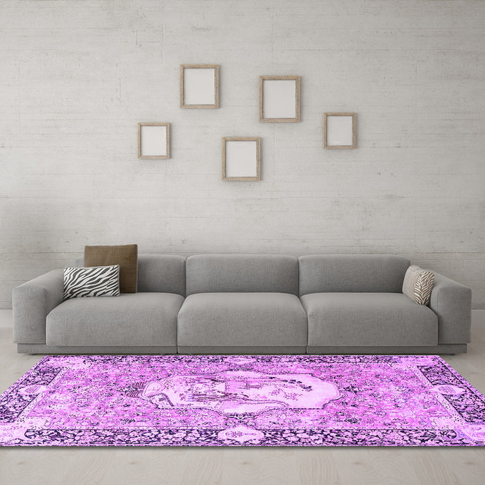 Machine Washable Persian Purple Traditional Area Rugs in a Living Room, wshtr4731pur