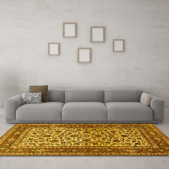 Machine Washable Persian Yellow Traditional Rug in a Living Room, wshtr4732yw