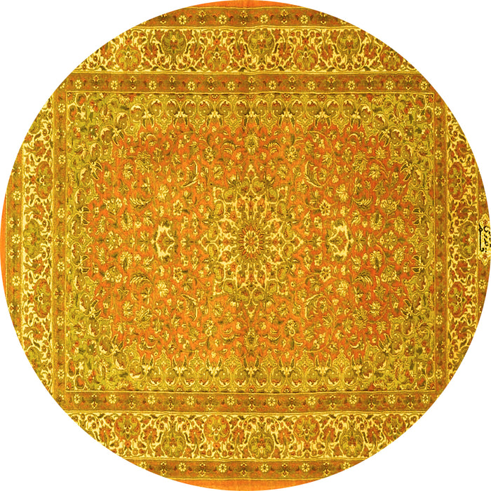 Round Machine Washable Medallion Yellow Traditional Rug, wshtr4733yw