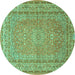 Round Machine Washable Medallion Turquoise Traditional Area Rugs, wshtr4733turq