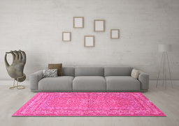 Machine Washable Medallion Pink Traditional Rug in a Living Room, wshtr4733pnk