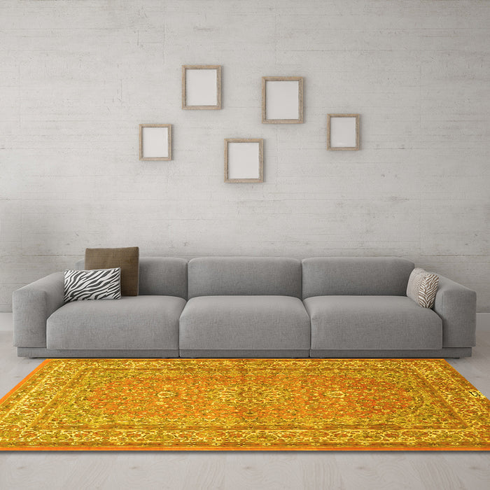 Machine Washable Medallion Yellow Traditional Rug in a Living Room, wshtr4733yw