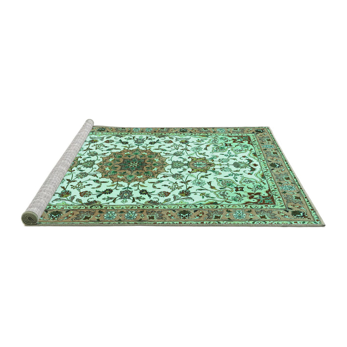 Sideview of Machine Washable Medallion Turquoise Traditional Area Rugs, wshtr4734turq
