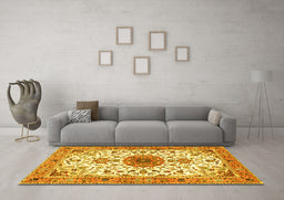 Machine Washable Medallion Yellow Traditional Rug in a Living Room, wshtr4734yw