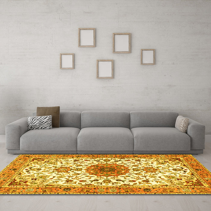 Machine Washable Medallion Yellow Traditional Rug in a Living Room, wshtr4734yw