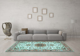 Machine Washable Medallion Light Blue Traditional Rug in a Living Room, wshtr4734lblu