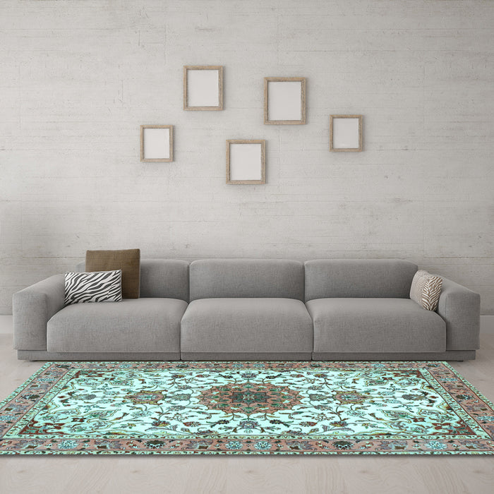 Machine Washable Medallion Light Blue Traditional Rug in a Living Room, wshtr4734lblu