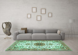 Machine Washable Medallion Turquoise Traditional Area Rugs in a Living Room,, wshtr4734turq