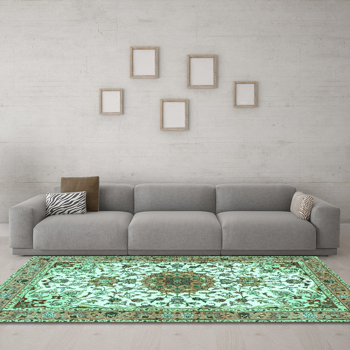 Machine Washable Medallion Turquoise Traditional Area Rugs in a Living Room,, wshtr4734turq