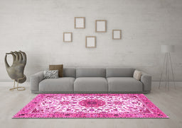 Machine Washable Medallion Pink Traditional Rug in a Living Room, wshtr4734pnk