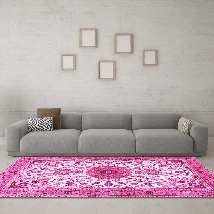 Machine Washable Medallion Pink Traditional Rug in a Living Room, wshtr4734pnk