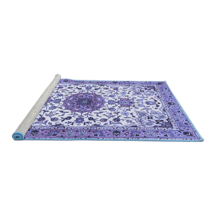 Sideview of Machine Washable Medallion Blue Traditional Rug, wshtr4734blu